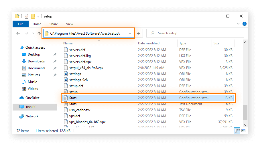 Windowsファイルエクスプローラにて、アバスト設定フォルダのパスが表示されており、編集用に統計ファイルが強調表示されています。