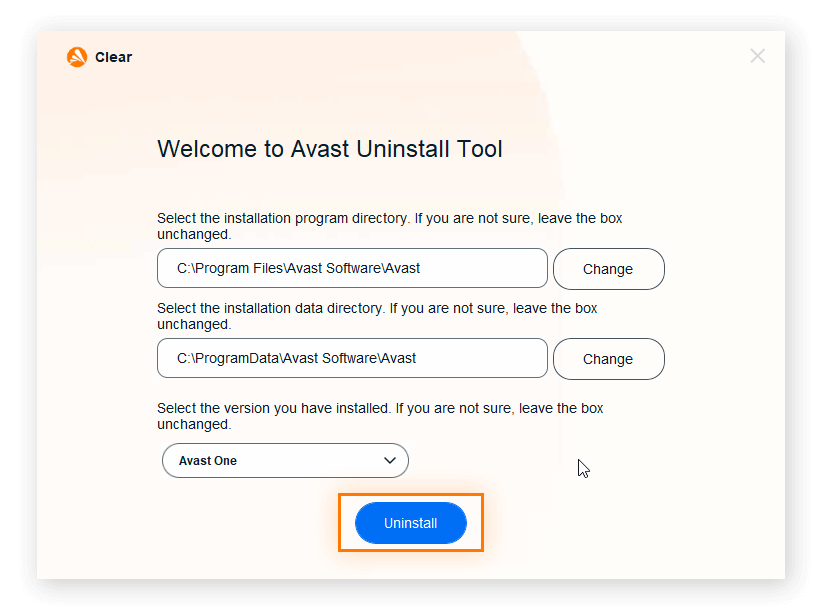 アバスト アンインストール ツールがデフォルトのアバストインストールパスを表示し、アバスト 無料アンチウイルスが選択され、製品を削除するためのアンインストールボタンが準備できている状態です。