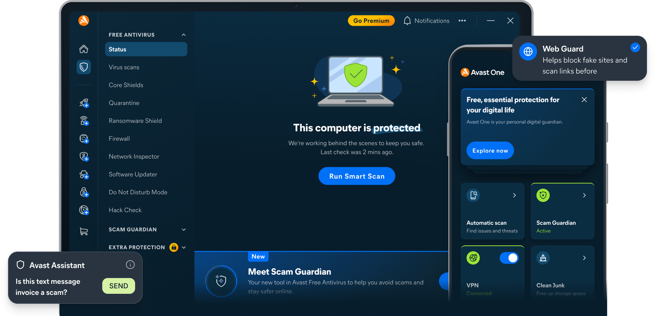 ノートパソコンと携帯電話に、Avast Oneとその機能が表示されている