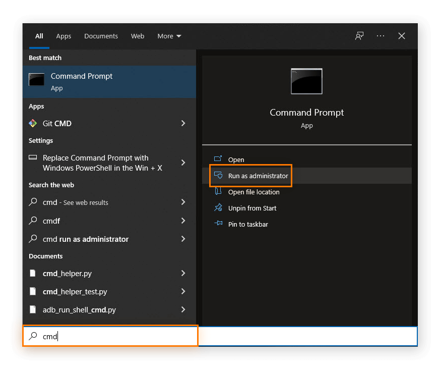 Windowsのスタートメニューの検索結果で、コマンド プロンプトが選択され、[管理者として実行] が強調表示されています。